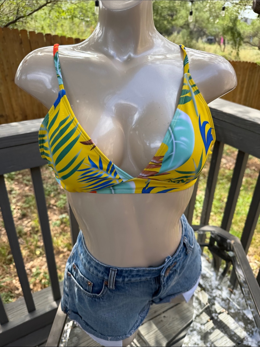 Yellow Tropical Leaf Triangle Bikini Top by